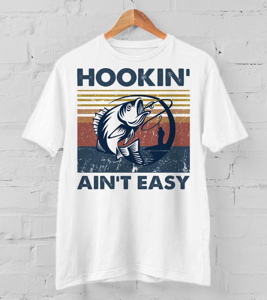 Hookin' Ain't Easy Vintage Fishing Graphic With Striped Sunset And Angler T-Shirt