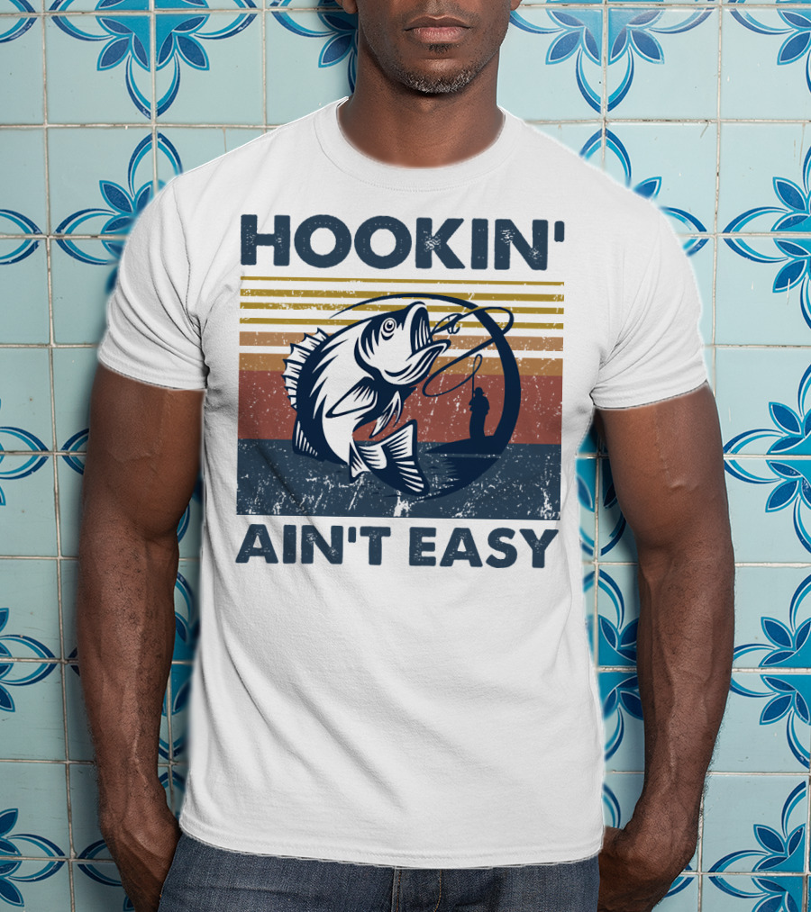 Hookin' Ain't Easy Vintage Fishing Graphic With Striped Sunset And Angler T-Shirt