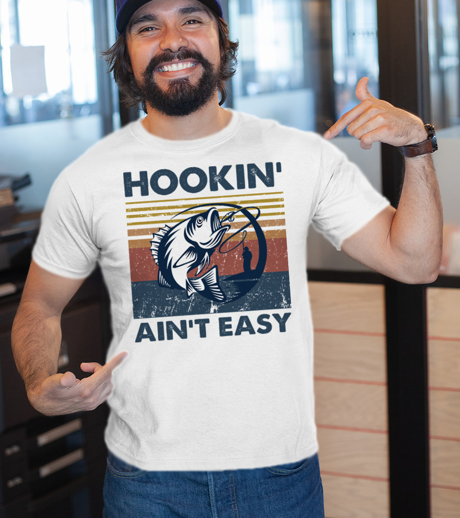 Hookin' Ain't Easy Vintage Fishing Graphic With Striped Sunset And Angler T-Shirt
