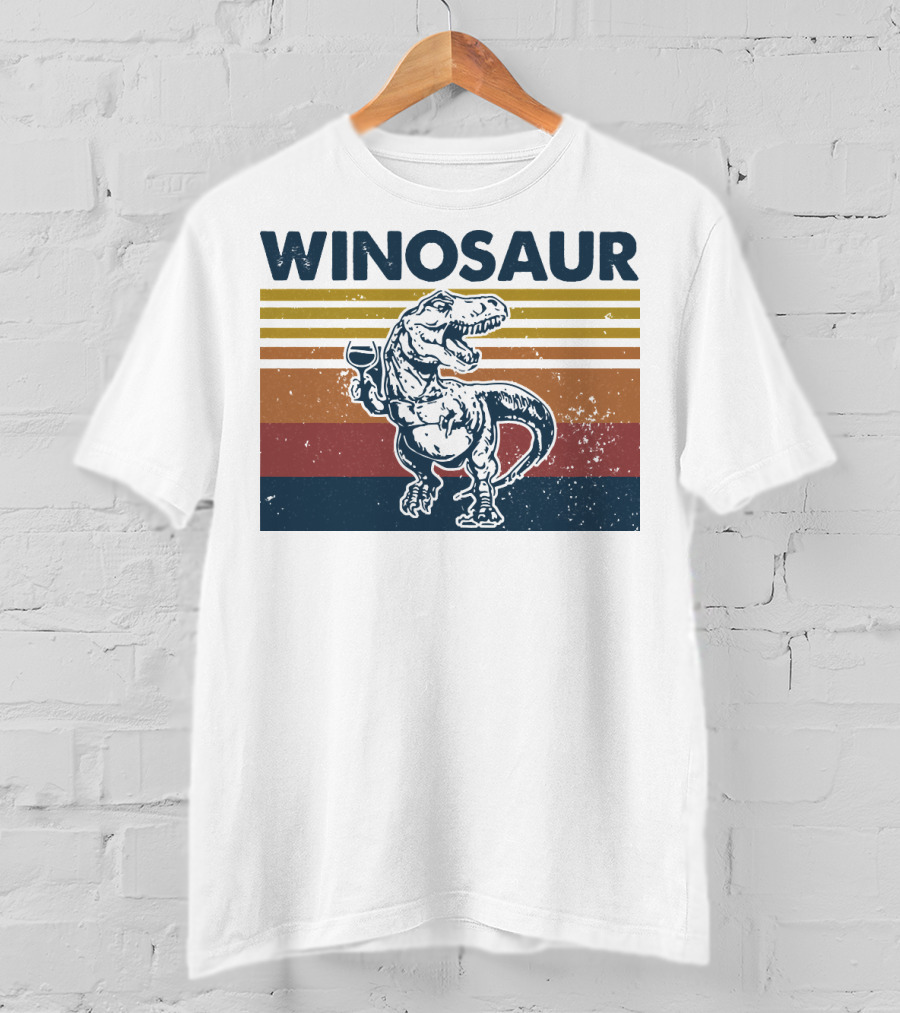 Winosaur Dinosaur With Wine Glass Retro Stripes T-Shirt