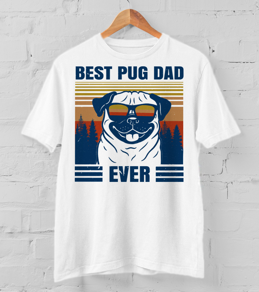 Best Pug Dad Ever Vintage Sunset Forest Retro T-Shirt