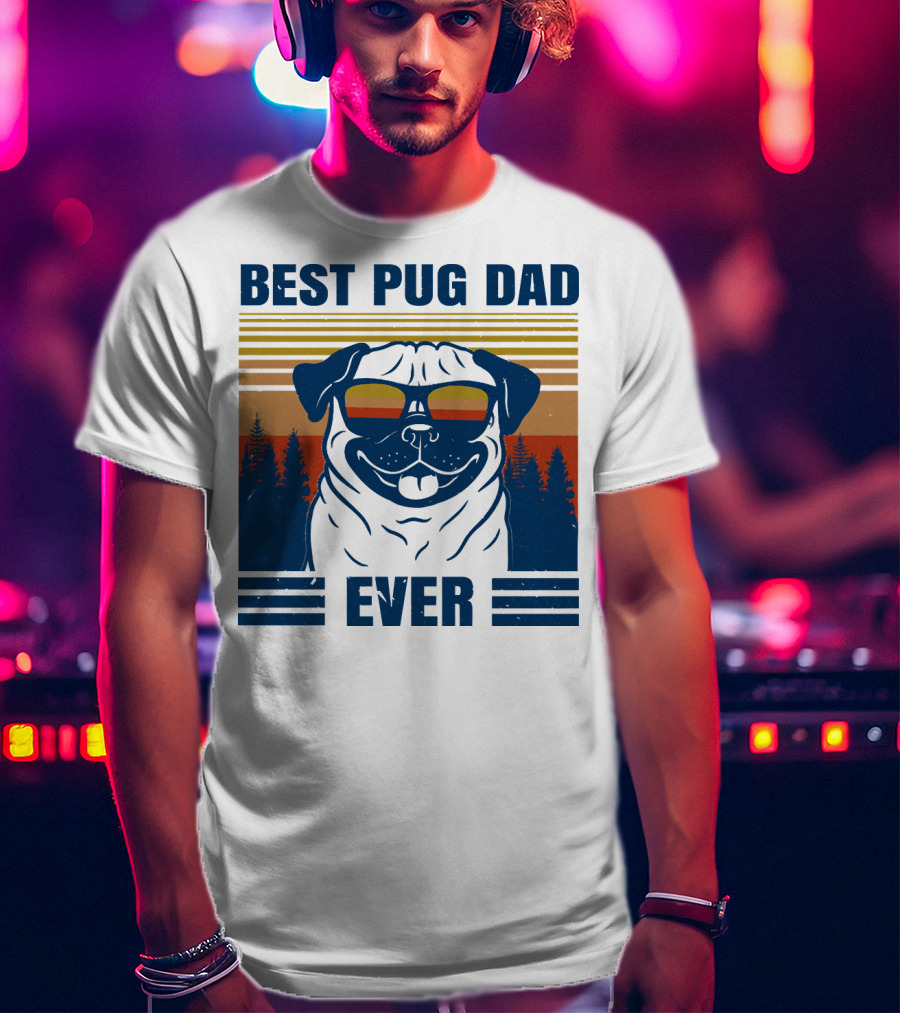 Best Pug Dad Ever Vintage Sunset Forest Retro T-Shirt