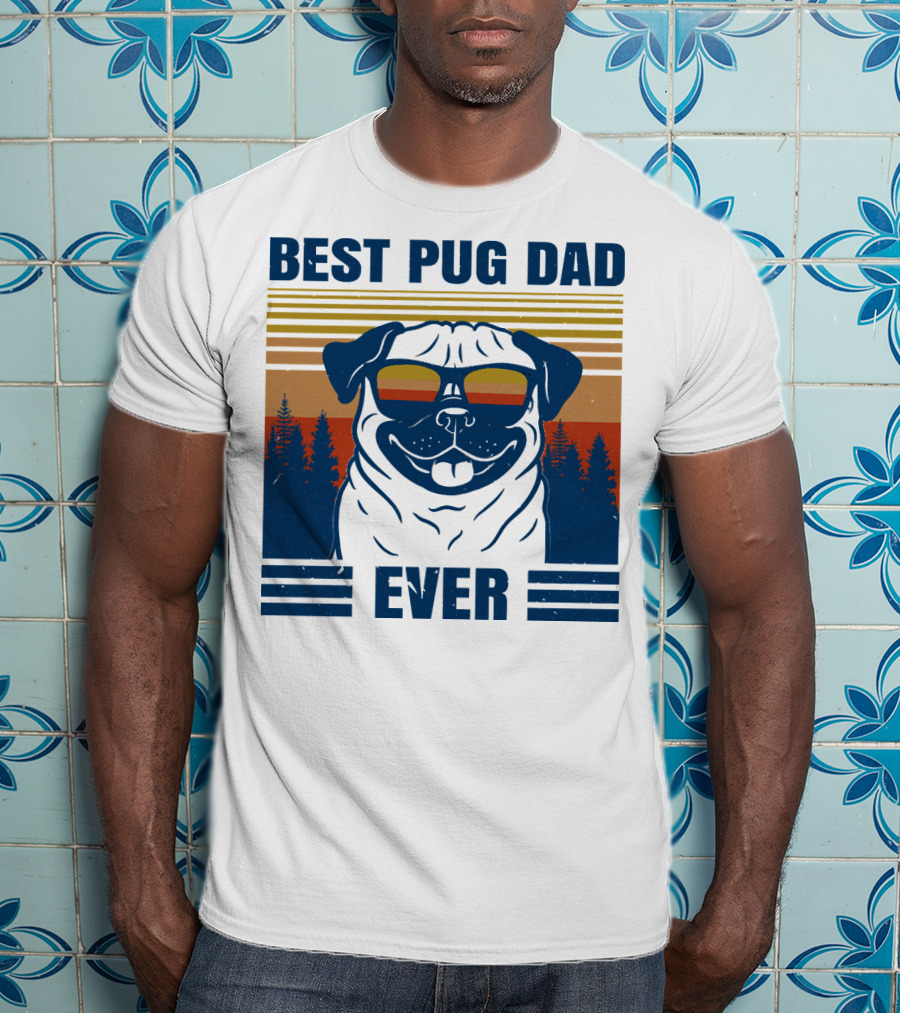 Best Pug Dad Ever Vintage Sunset Forest Retro T-Shirt