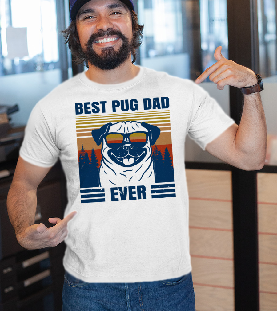 Best Pug Dad Ever Vintage Sunset Forest Retro T-Shirt