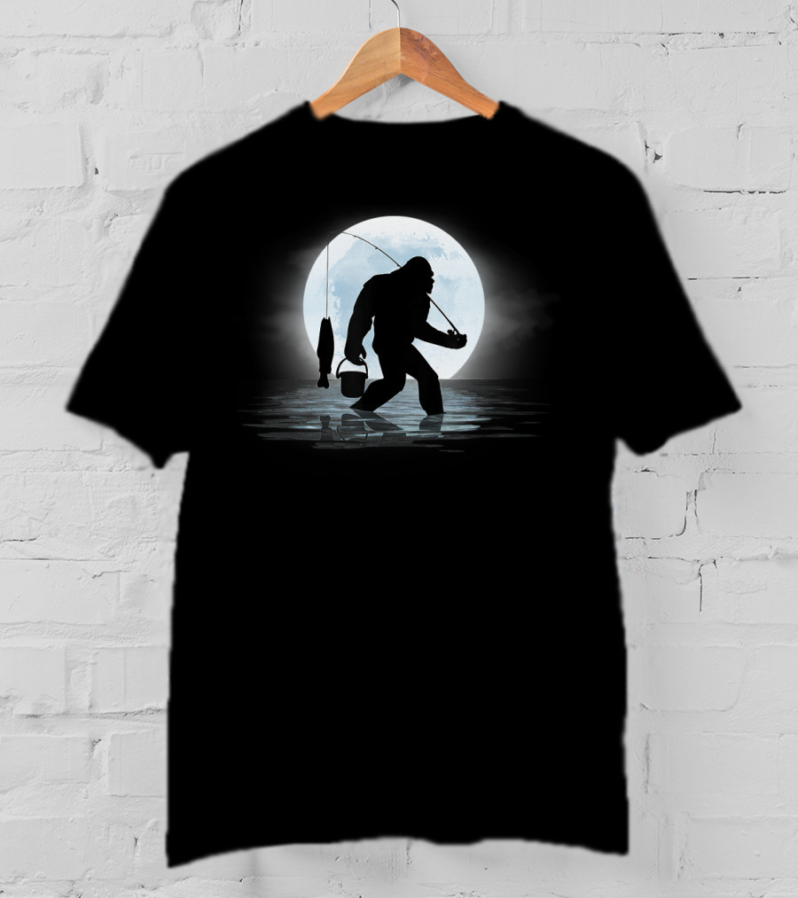 Moonlit Bigfoot Sasquatch Fishing Adventure Night T-Shirt