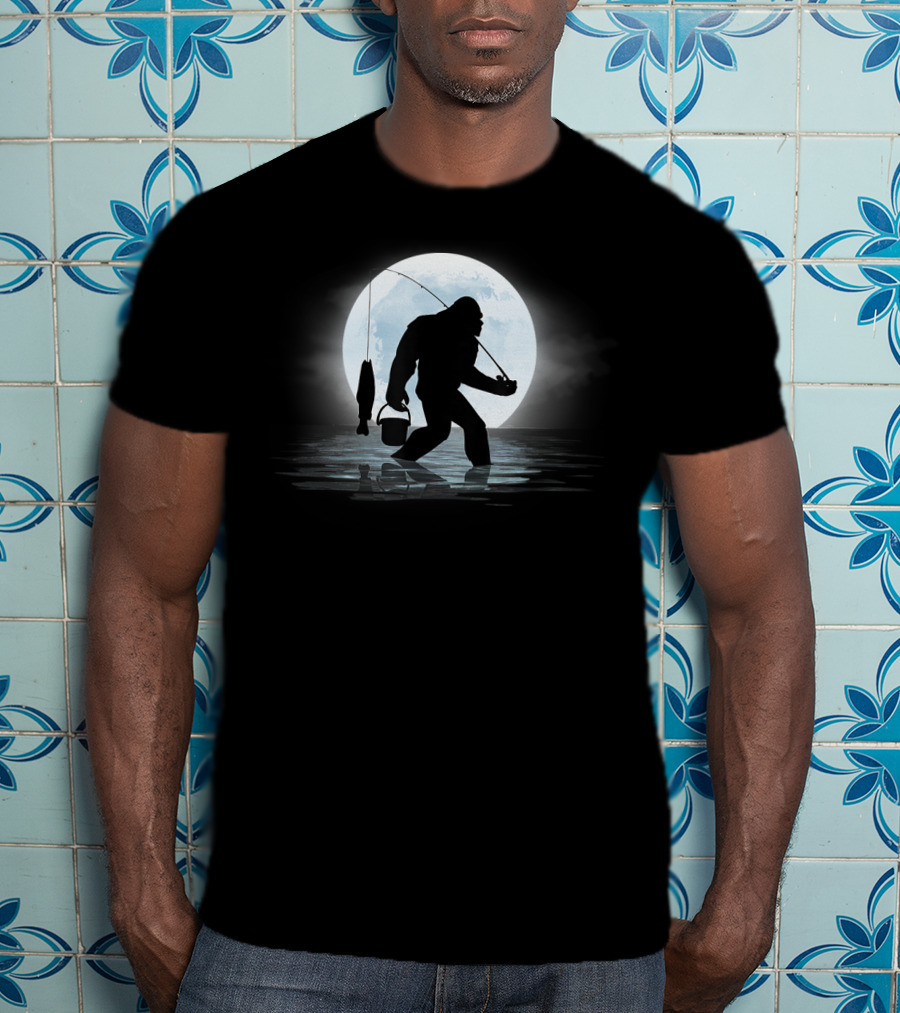 Moonlit Bigfoot Sasquatch Fishing Adventure Night T-Shirt