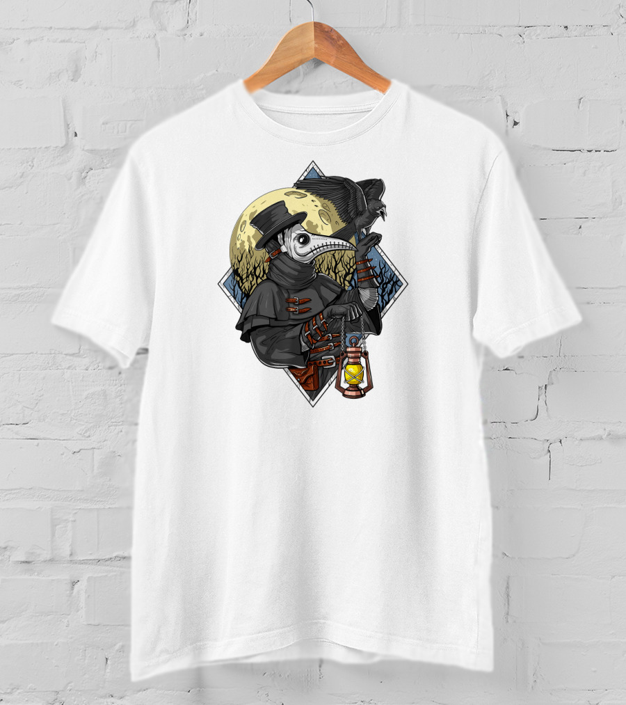 Plague Doctor Steampunk Raven Medieval Lantern Moonlit Forest T-Shirt