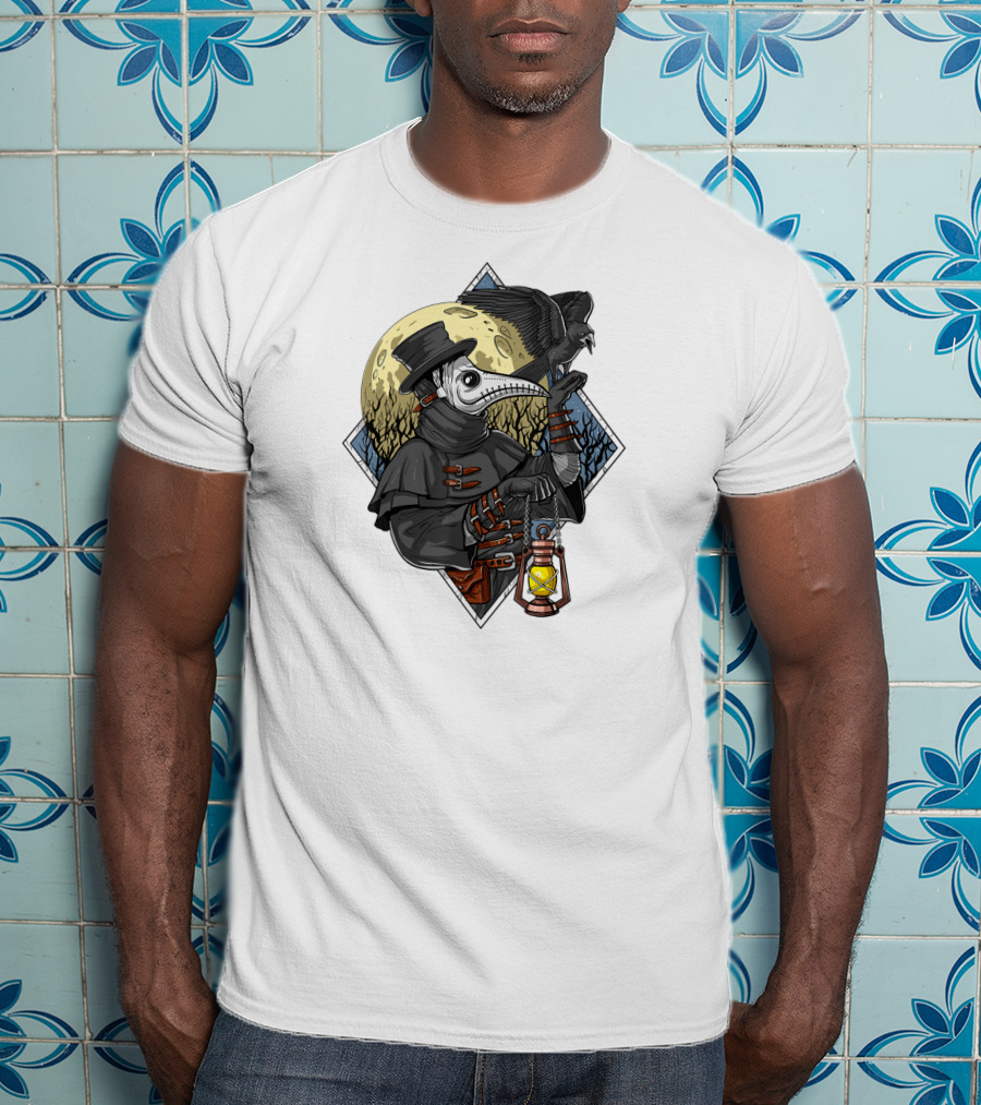 Plague Doctor Steampunk Raven Medieval Lantern Moonlit Forest T-Shirt