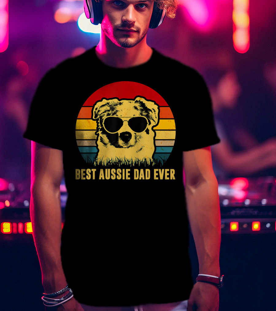 Best Aussie Dad Ever Vintage Dog Sunglasses Retro Stripes T-Shirt