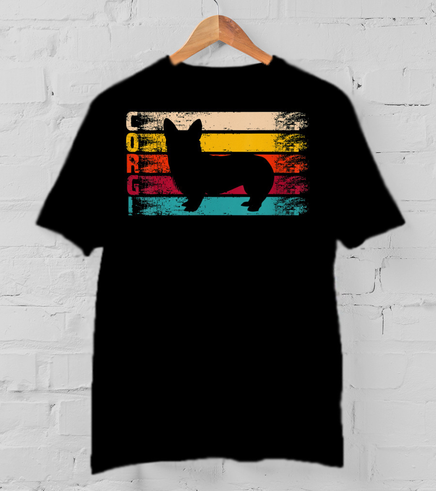 Distressed Vintage Corgi Silhouette Retro Stripes T-Shirt