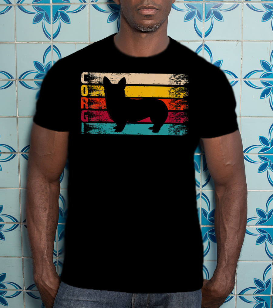 Distressed Vintage Corgi Silhouette Retro Stripes T-Shirt