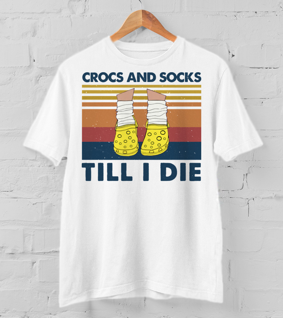 Crocs And Socks Till I Die Yellow Footwear Retro Stripes T-Shirt