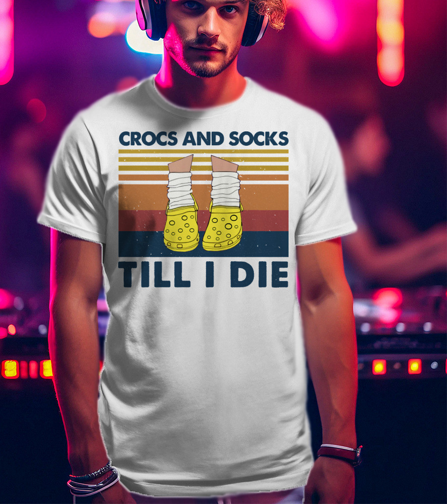 Crocs And Socks Till I Die Yellow Footwear Retro Stripes T-Shirt