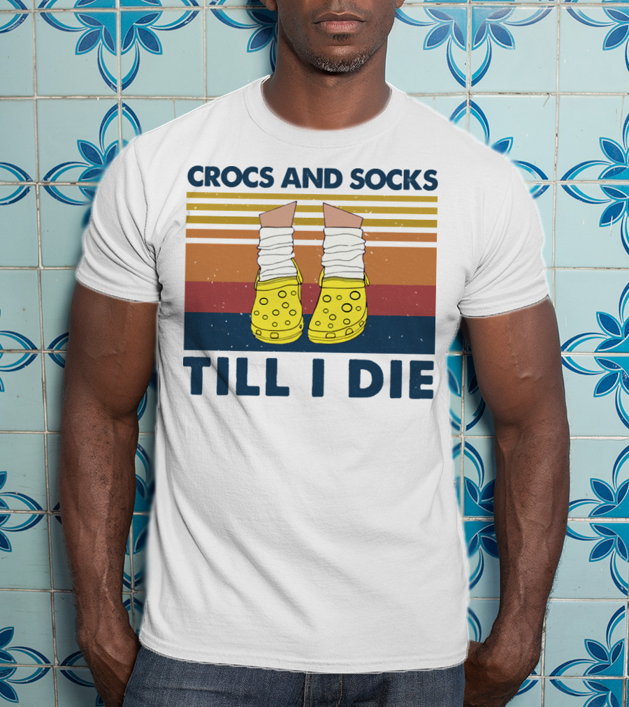 Crocs And Socks Till I Die Yellow Footwear Retro Stripes T-Shirt