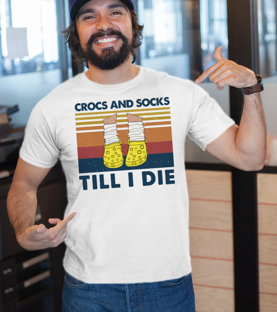 Crocs And Socks Till I Die Yellow Footwear Retro Stripes T-Shirt