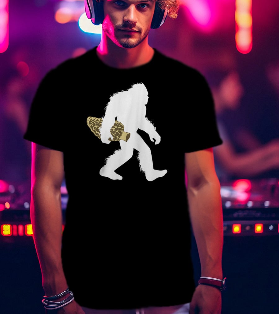 Bigfoot Silhouette Carrying Morel Mushroom T-Shirt