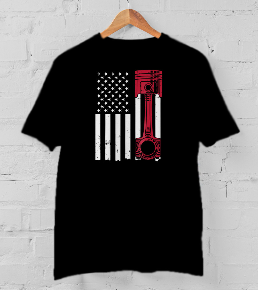 American Flag Piston Car Enthusiast Muscle T-Shirt