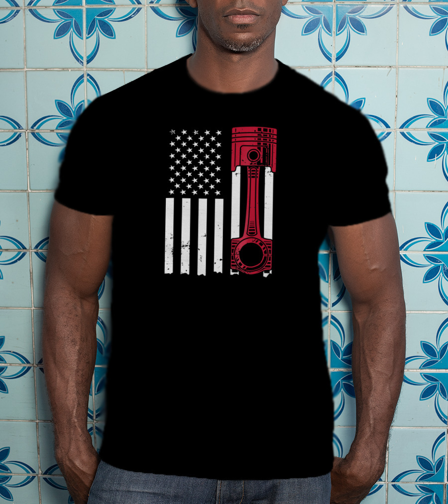 American Flag Piston Car Enthusiast Muscle T-Shirt