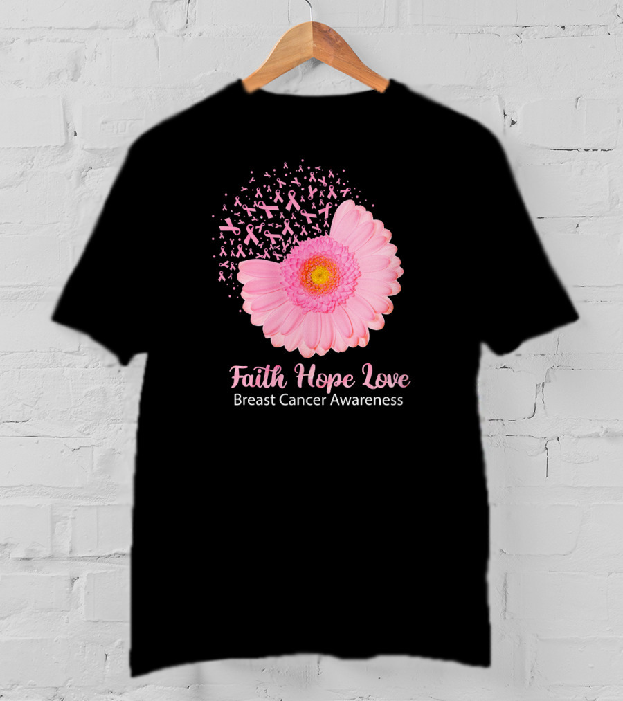 Faith Hope Love Pink Ribbon Florals Breast Cancer Awareness T-Shirt