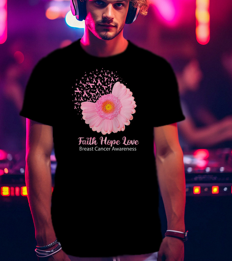 Faith Hope Love Pink Ribbon Florals Breast Cancer Awareness T-Shirt