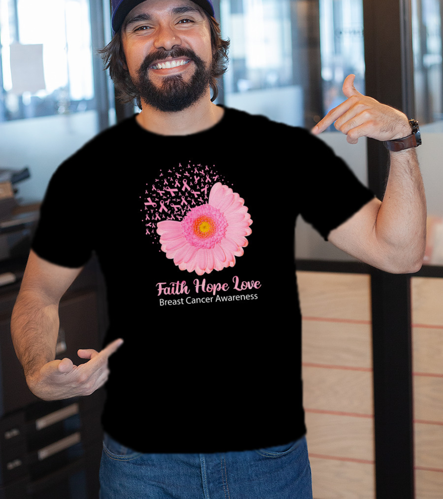 Faith Hope Love Pink Ribbon Florals Breast Cancer Awareness T-Shirt