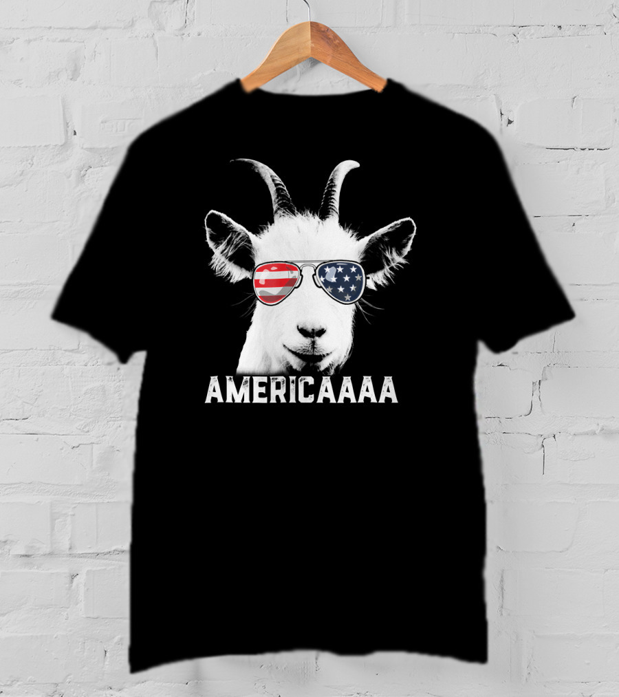 AMERICAAAA Patriotic Goat USA Flag Sunglasses Independence Day T-Shirt