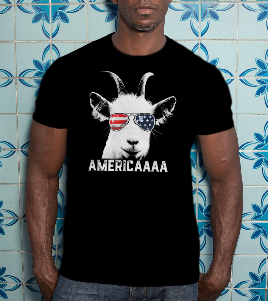 AMERICAAAA Patriotic Goat USA Flag Sunglasses Independence Day T-Shirt