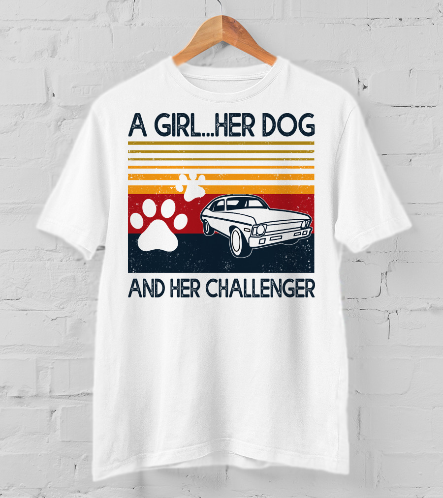 A Girl Her Dog And Her Challenger Vintage Car With Paw Prints T-Shirt