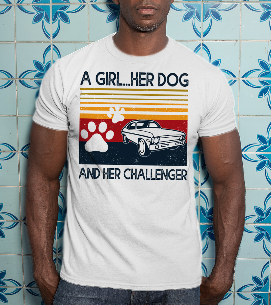 A Girl Her Dog And Her Challenger Vintage Car With Paw Prints T-Shirt