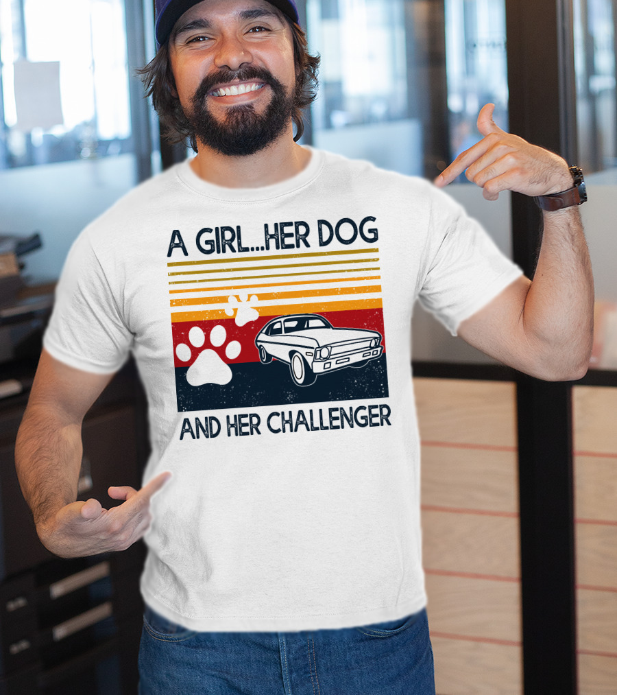 A Girl Her Dog And Her Challenger Vintage Car With Paw Prints T-Shirt