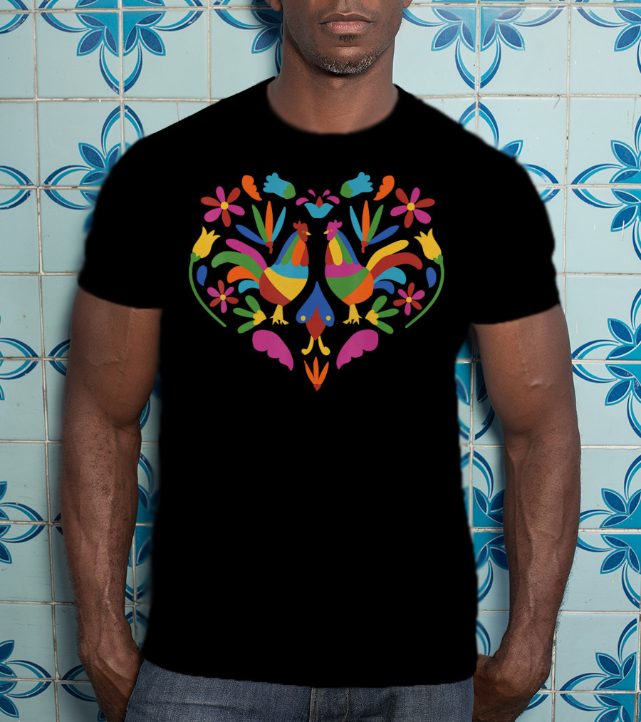 Colorful Mexican Otomi Rooster Flowers And Vibrant Flora T-Shirt