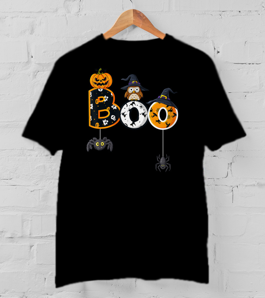 Halloween Boo Pumpkin Owl Witch Hat Spiders T-Shirt