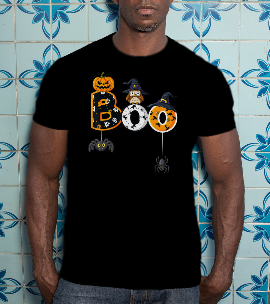 Halloween Boo Pumpkin Owl Witch Hat Spiders T-Shirt