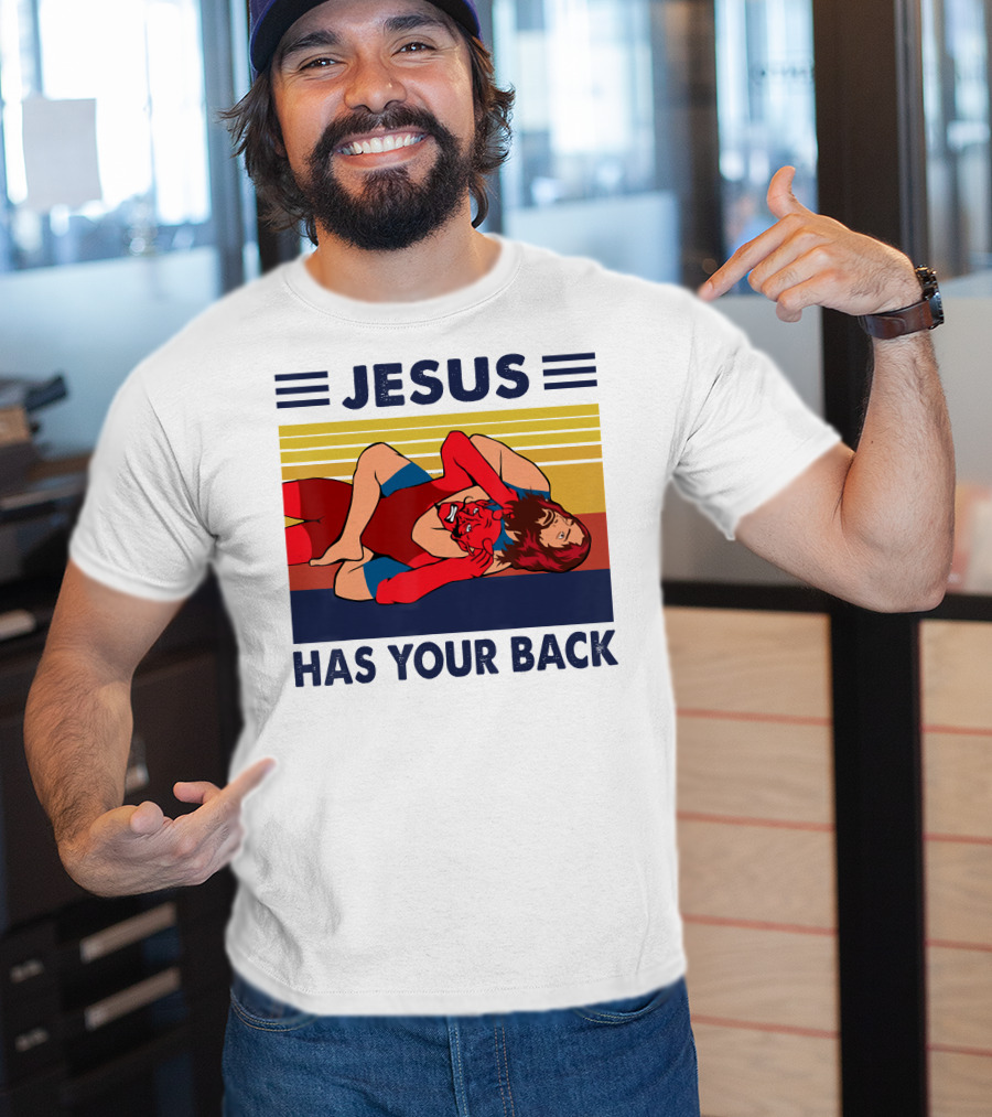 Jesus Wrestling JSatan Retro Style Has Your Back T-Shirt