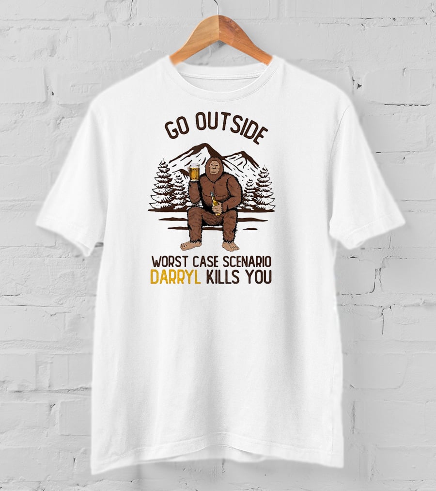 Go Outside Worst Case Scenario Darryl Kills You Bigfoot Holding Beer In Forest Mountain Scene T-Shirt
