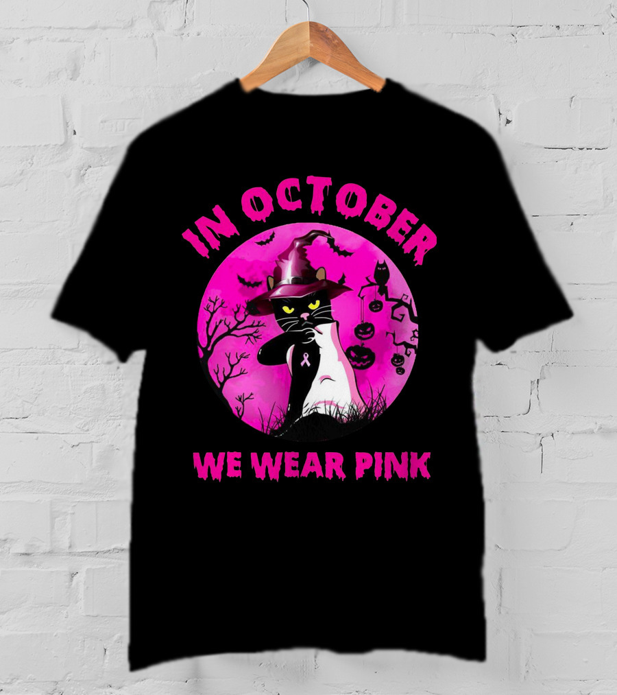 In October We Wear Pink Black Cat Witch Hat Pumpkin Breast Cancer Awareness T-Shirt