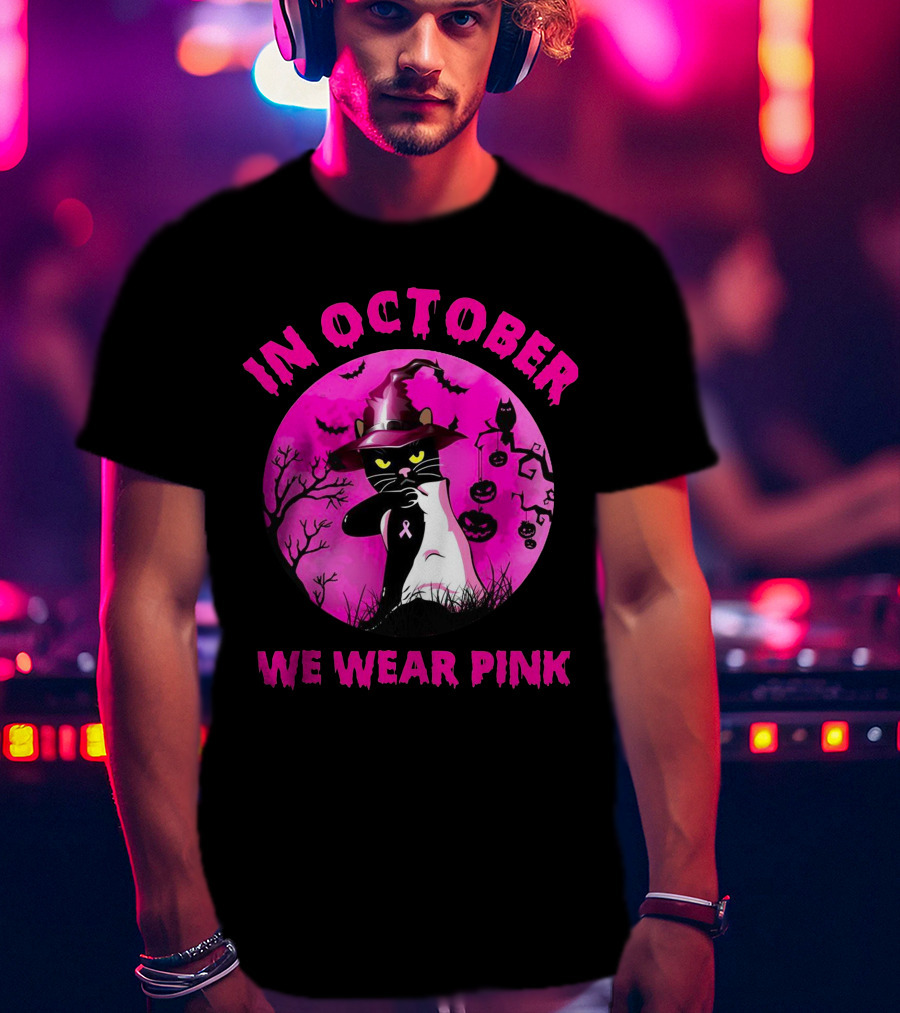 In October We Wear Pink Black Cat Witch Hat Pumpkin Breast Cancer Awareness T-Shirt
