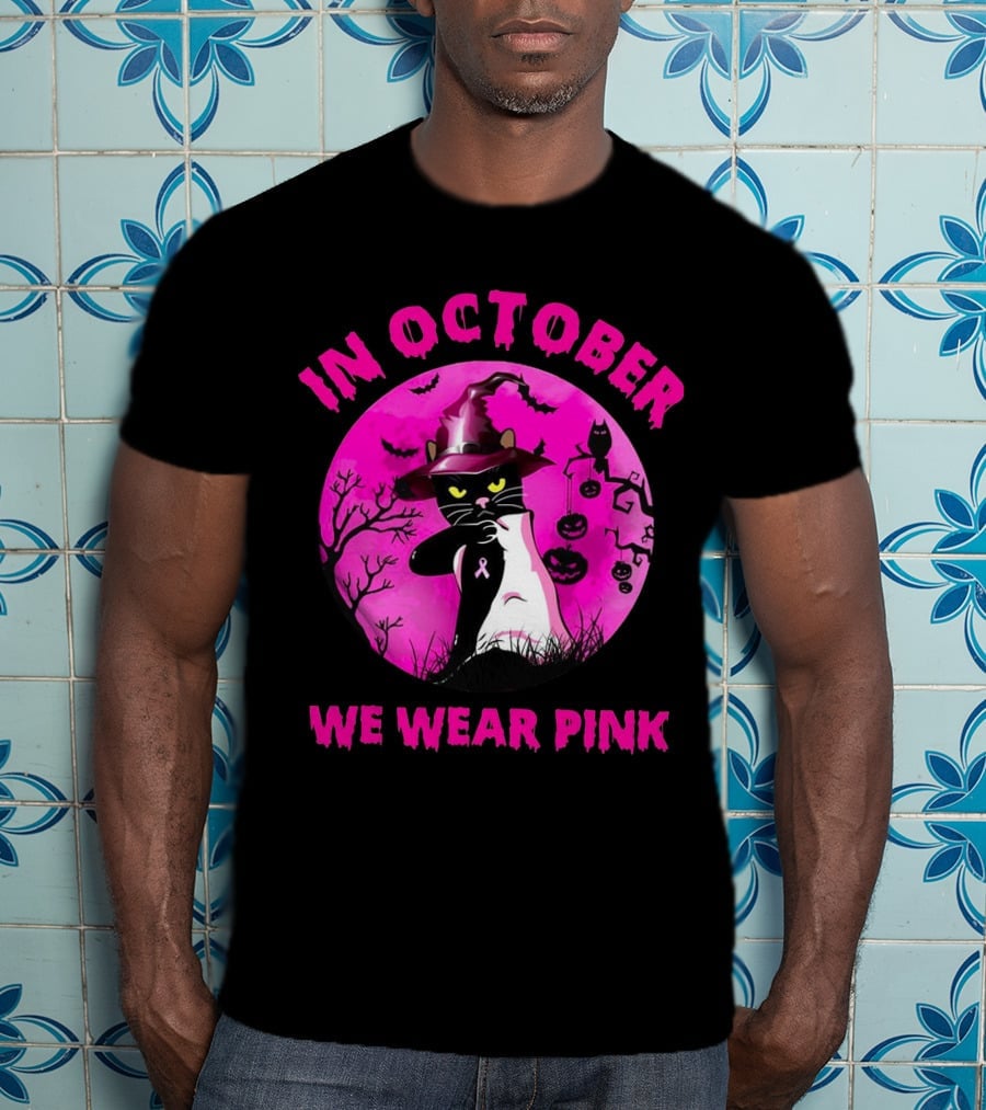 In October We Wear Pink Black Cat Witch Hat Pumpkin Breast Cancer Awareness T-Shirt