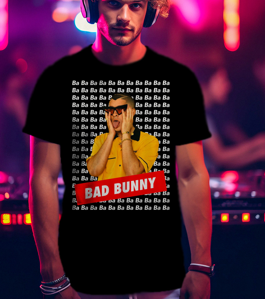 BAD BUNNY Ba Ba Ba Pattern Yellow Shirt Sunglasses T-Shirt