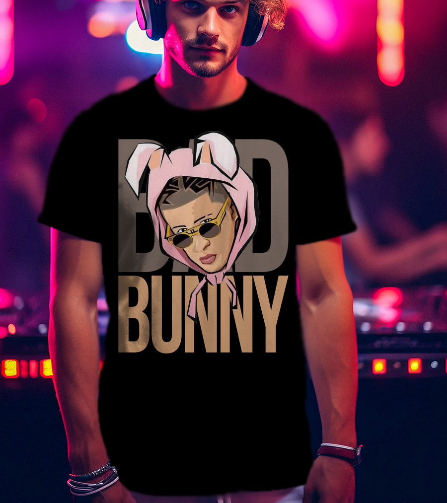 BAD BUNNY Iconic Style With Sunglasses And Bunny Ears T-Shirt