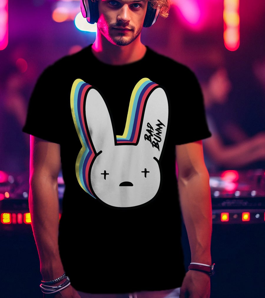 Bad Bunny Cross-Eyed Bunny Head Multicolor Outline T-Shirt