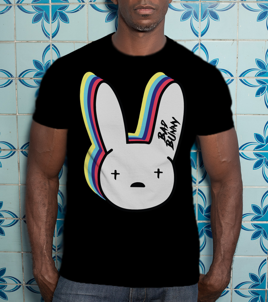 Bad Bunny Cross-Eyed Bunny Head Multicolor Outline T-Shirt