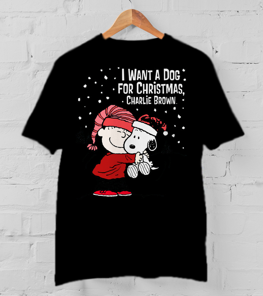 I Want A Dog For Christmas Charlie Brown Snoopy Hugging Linus Snow Scene T-Shirt