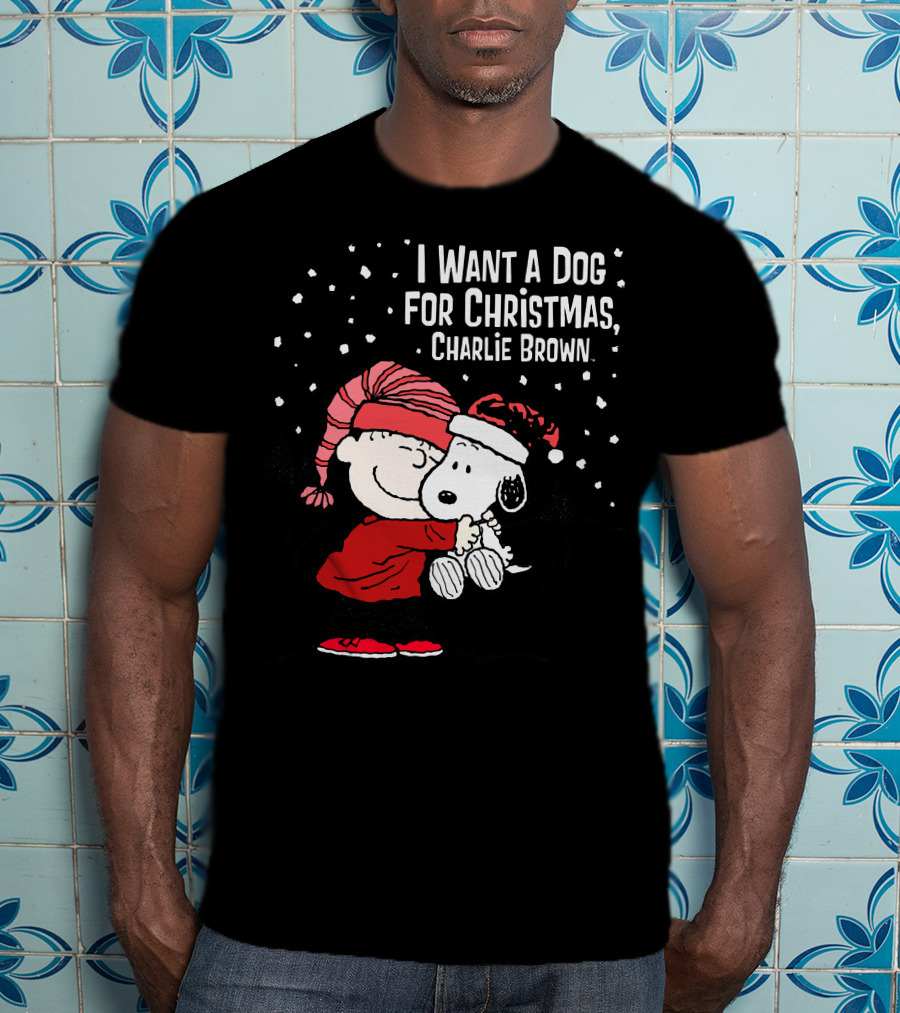 I Want A Dog For Christmas Charlie Brown Snoopy Hugging Linus Snow Scene T-Shirt