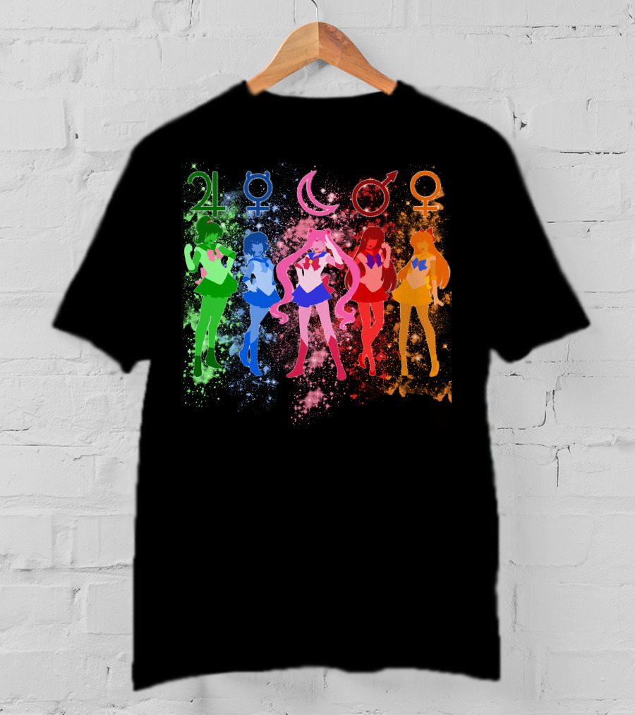 Sailor Moon The Inner Senshi With Planetary Symbols And Colorful Cosmic Background T-Shirt