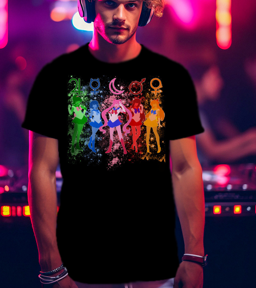Sailor Moon The Inner Senshi With Planetary Symbols And Colorful Cosmic Background T-Shirt