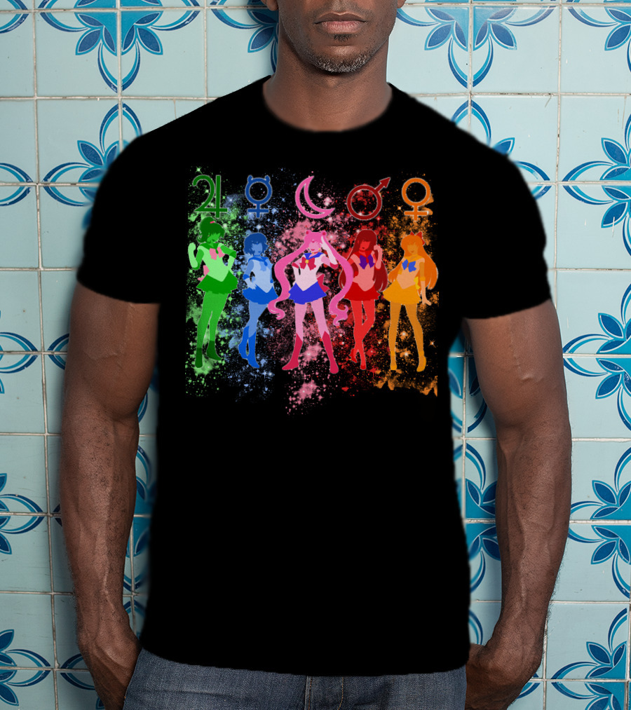 Sailor Moon The Inner Senshi With Planetary Symbols And Colorful Cosmic Background T-Shirt