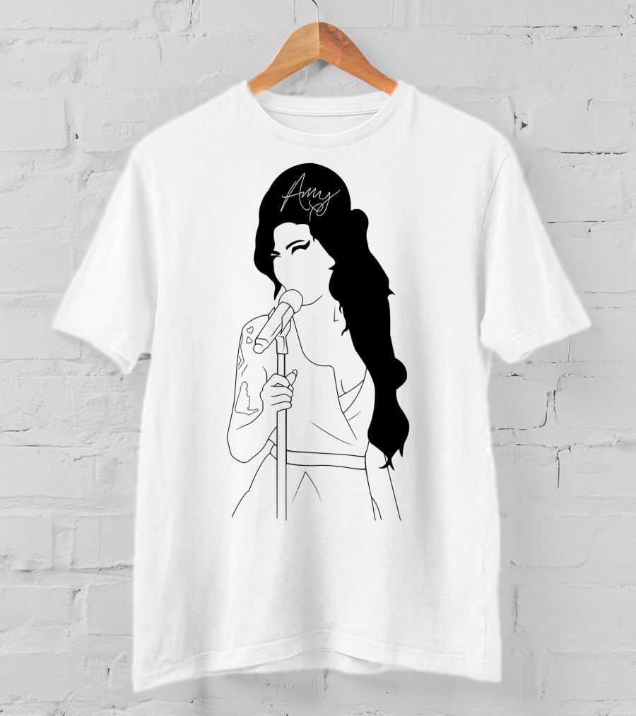 Amy Winehouse Line Art With Signature Mic Pose T-Shirt