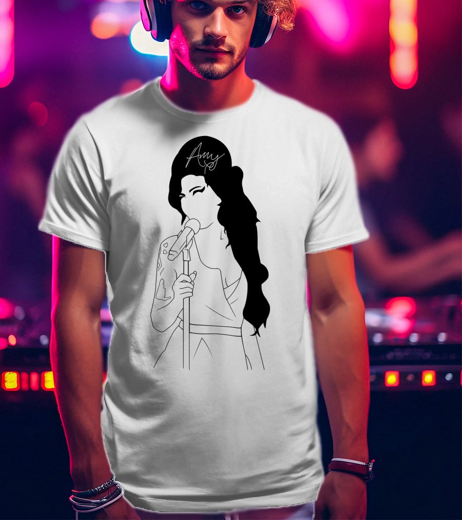 Amy Winehouse Line Art With Signature Mic Pose T-Shirt
