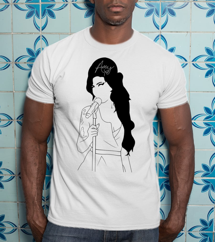Amy Winehouse Line Art With Signature Mic Pose T-Shirt